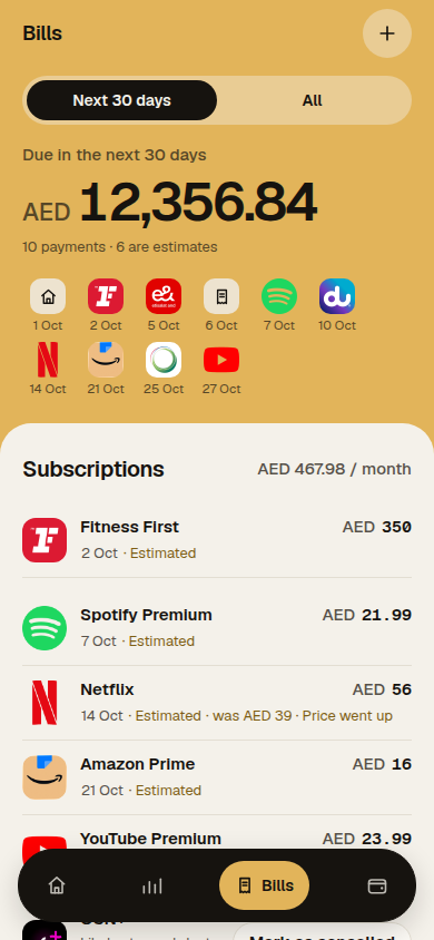 Wafra Bills: the total due in the next 30 days, a dated row of payment logos, then subscriptions with renewal dates and estimates; sample data