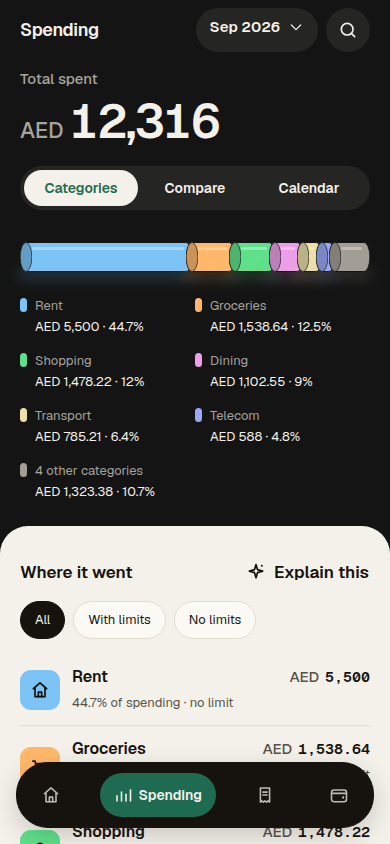 Wafra Spending: the month's total, a row of coloured category coins sized by share, each category's amount and share, then the category rows; sample data
